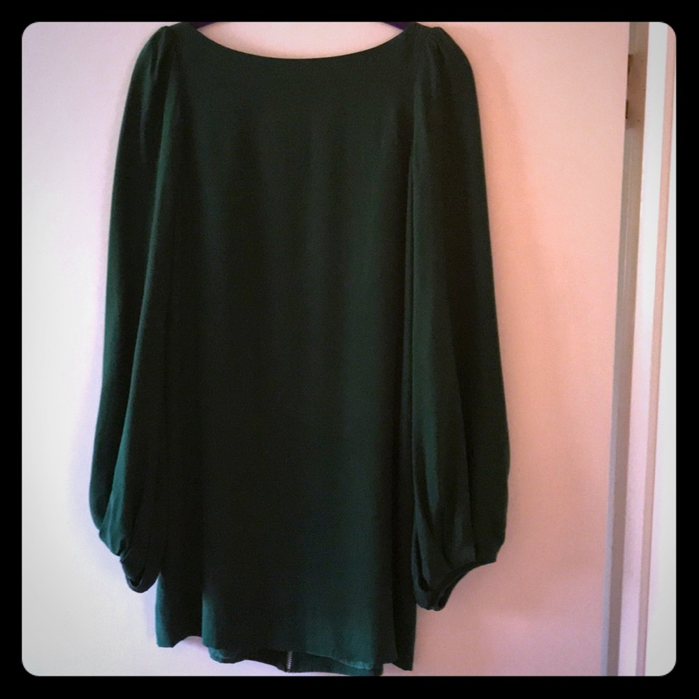 Plunge Back Long Bishop-Sleeve Mini Dress